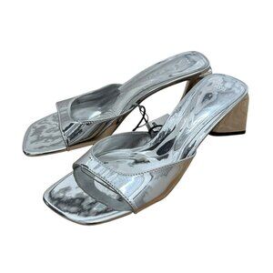 Zara Silver Leather Mule Heels Square Toe New With Tags